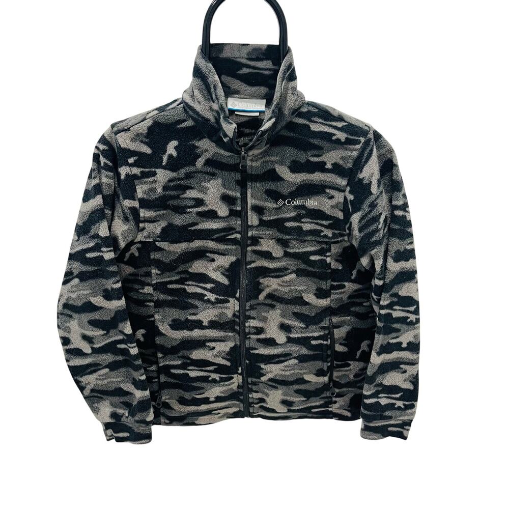 Columbia Boys Medium Full Zip Fleece Jacket Gray Black White Camouflage Camo